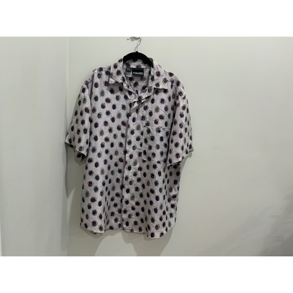 Colore Italia Mens Silk Button Down Shirt Geometric Abstract Print White Medium